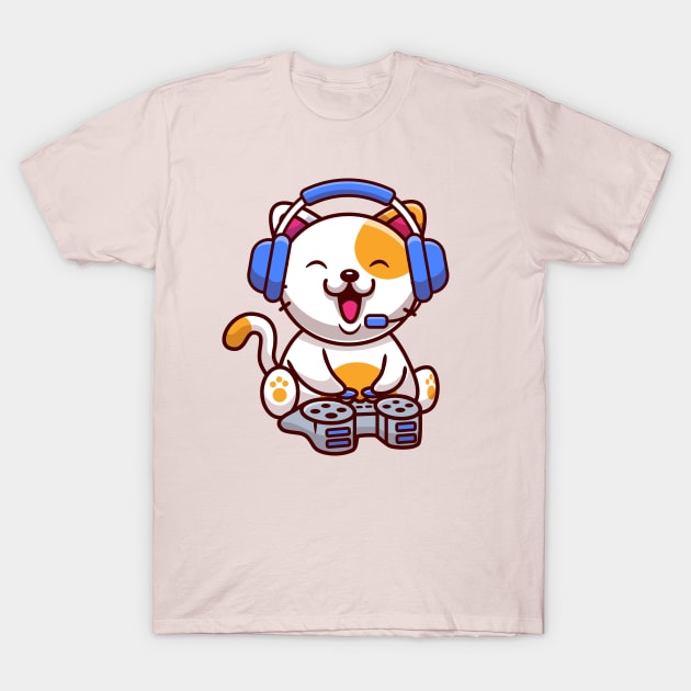 Cute Cat Gaming With Headphone And Console T-Shirt by Catalyst Labs
